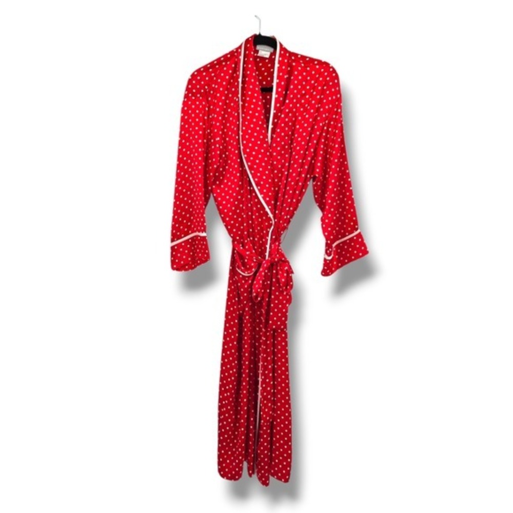 Natori II Robe Womens P Red‎ Polka Dot White Trim Long Sleeve Polyester